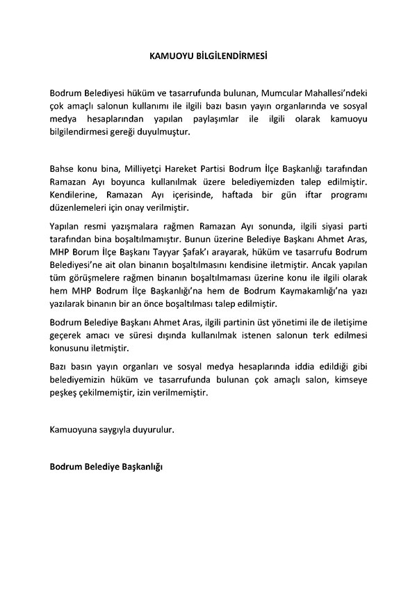 Bodrum Belediyesi, Mumcular Düğün Salonu açıklaması, Mayıs 2023
