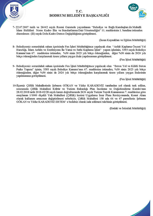 Bodrum Belediye Meclisi 2023 yılı Haziran ayı gündemi 2