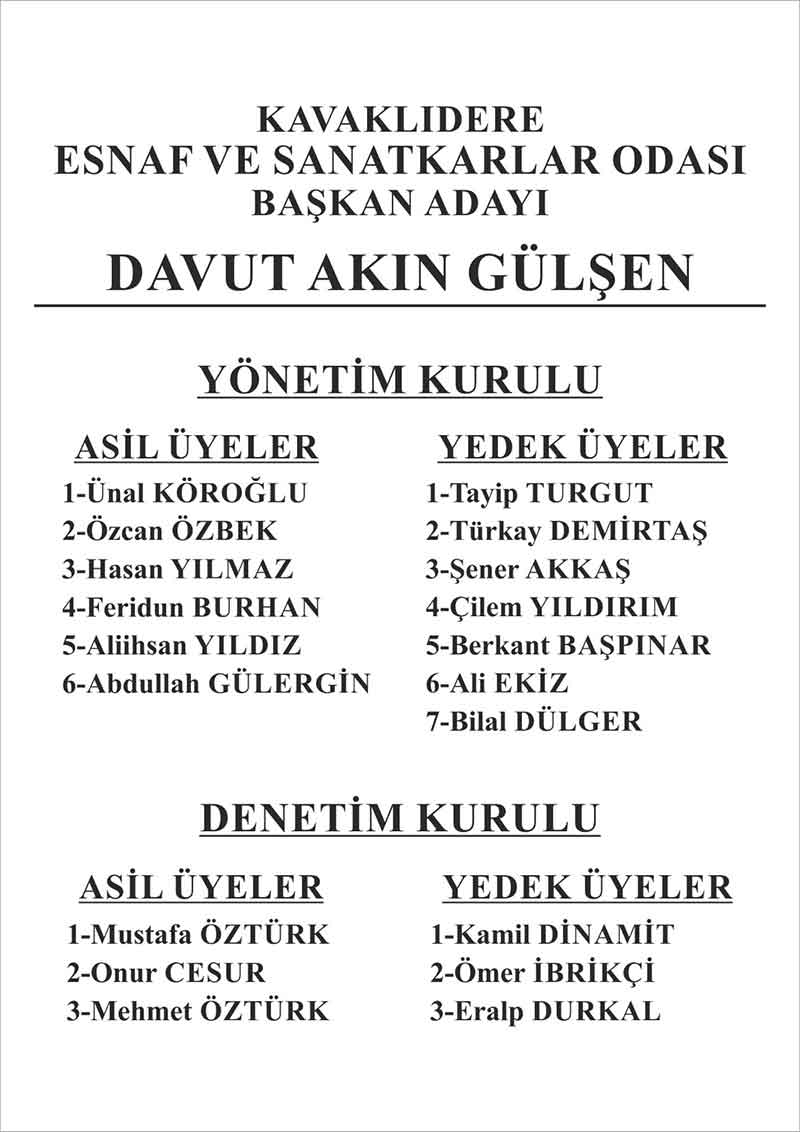 Kavaklıdere Esnaf ve Sanatkarlar Odası Davut Akın Güleşn ve aday listesi, Aralık 2025
