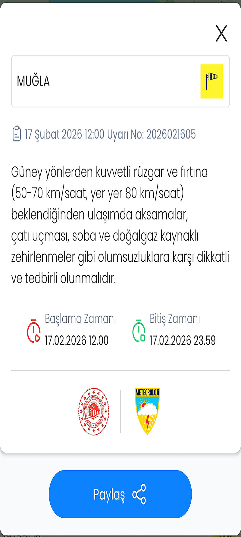 MGM Muğla uyarıo, 16 Şubat 2026