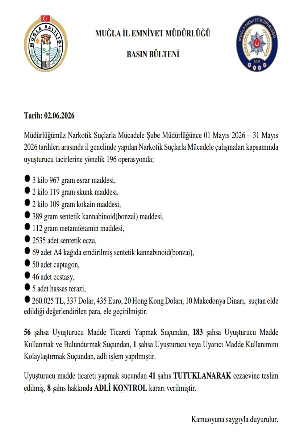 Muğla İl EMniyet Müdürlüğü, Mayıs 2026 narkotik rapor 2