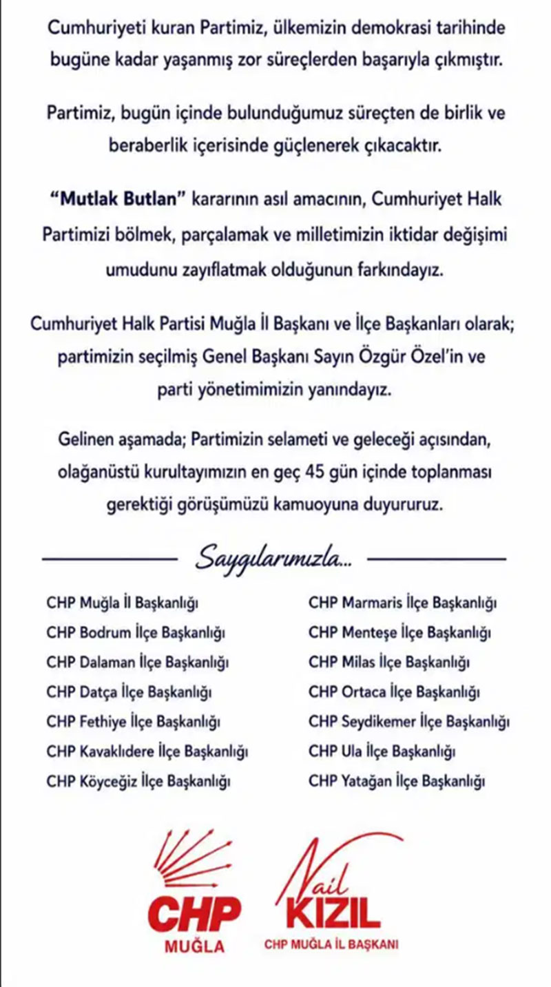 Muğla CHP'den Özgür Özel'e destek açıklaması, 23 Mayıs 2026