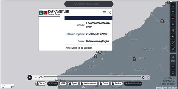 Kafkametler adlı kuru yük gemisi son konumu