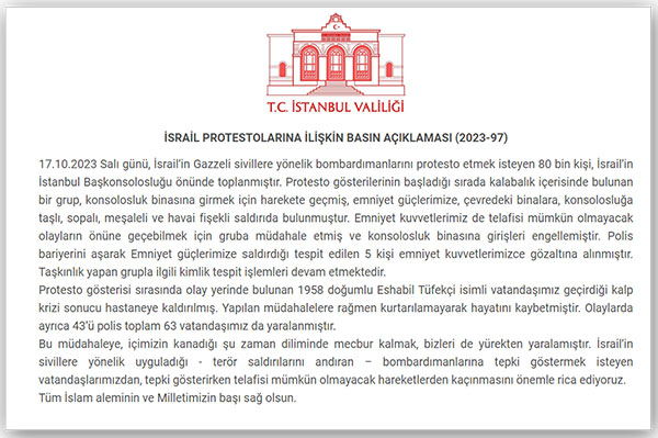 İstanbul Valiliği açıklama, 18 Ekim 2023