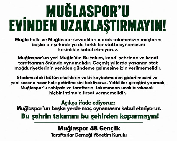 Muğlaspor 48 Gençlik Taraftarlar Derneği çağrısı, Temmuz 2026