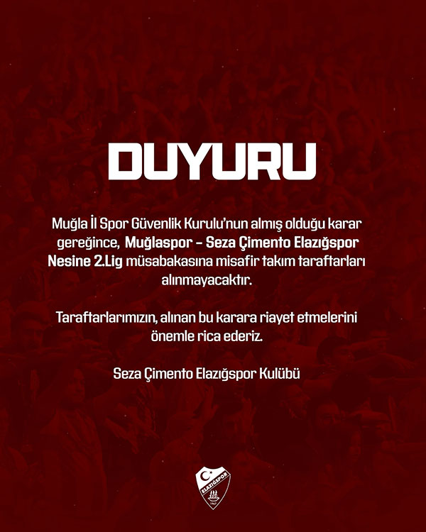Seza Çimento Elazığspor açıklama, 1 Kasım 2025
