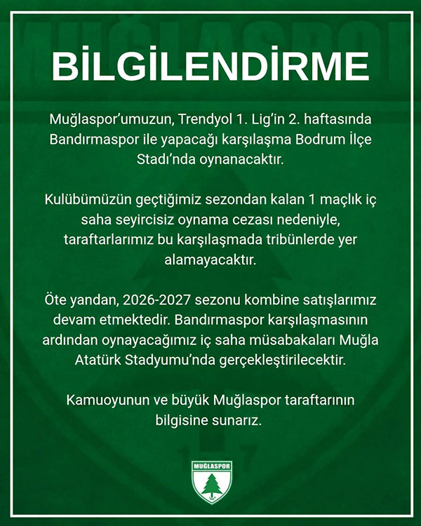 Muğlaspor kamuoyu açıklaması, 11 Ağustos 2026