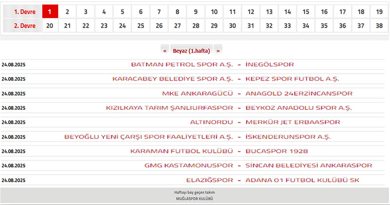 TFF 2. Lig puan durumu
