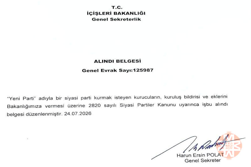 YENİ PArti İçişleri Bakanlığı kuruluş dilekçesi, 24 Temmuz 2026