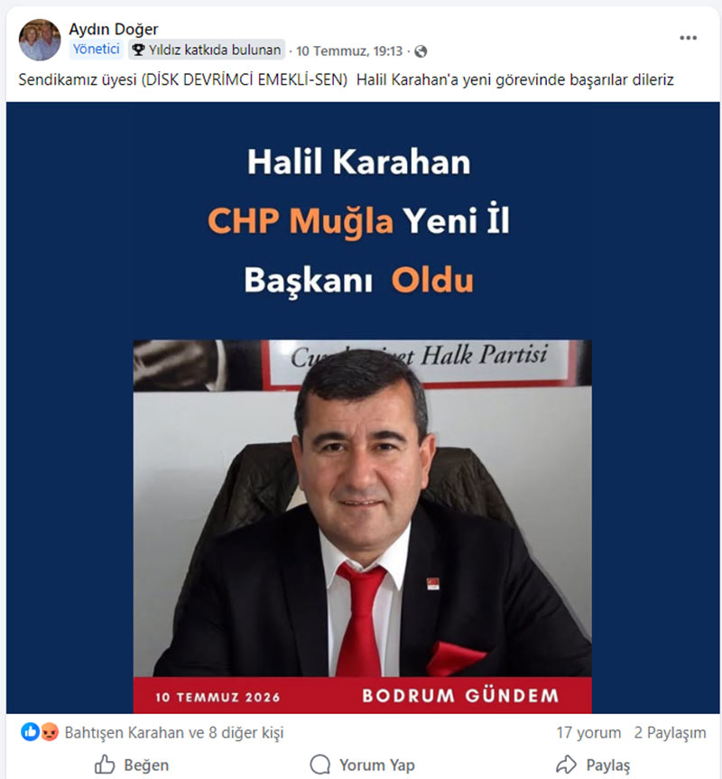 Aydın Doğer, Halil Karahan paylaşımı, 10 Temmuz 2026