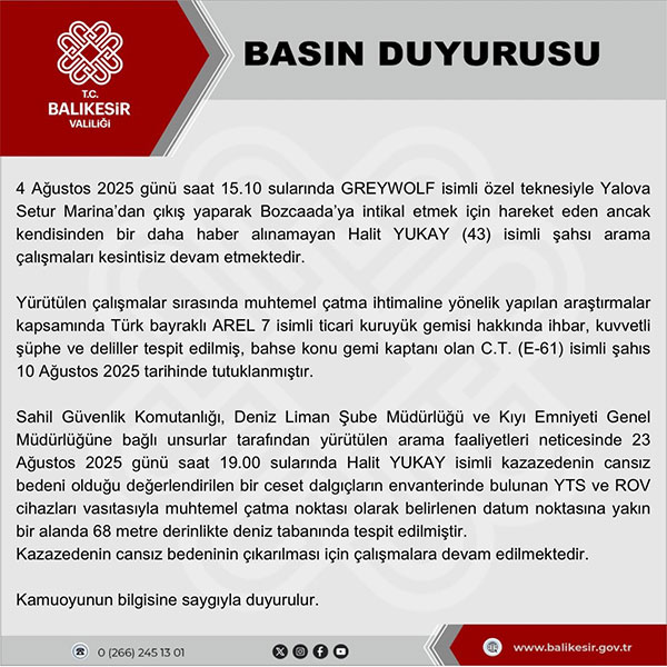 Halit Yukay, Balıkesir Valiliği açıklama - 48 Haber Ajansı