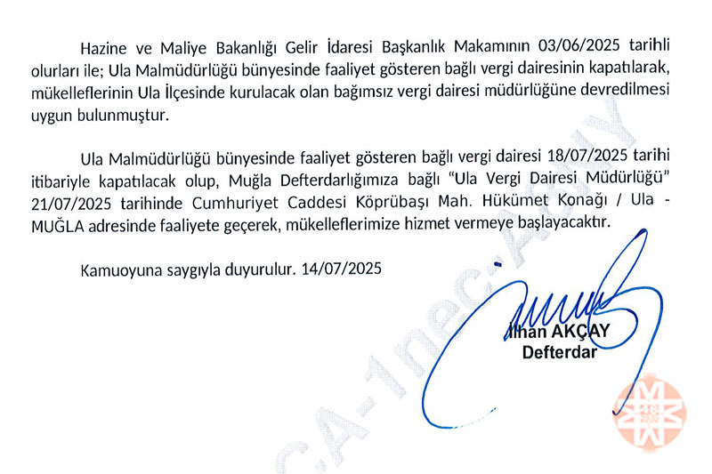 Ula Vergi Dairesi açıklaması, Temmuz 2025